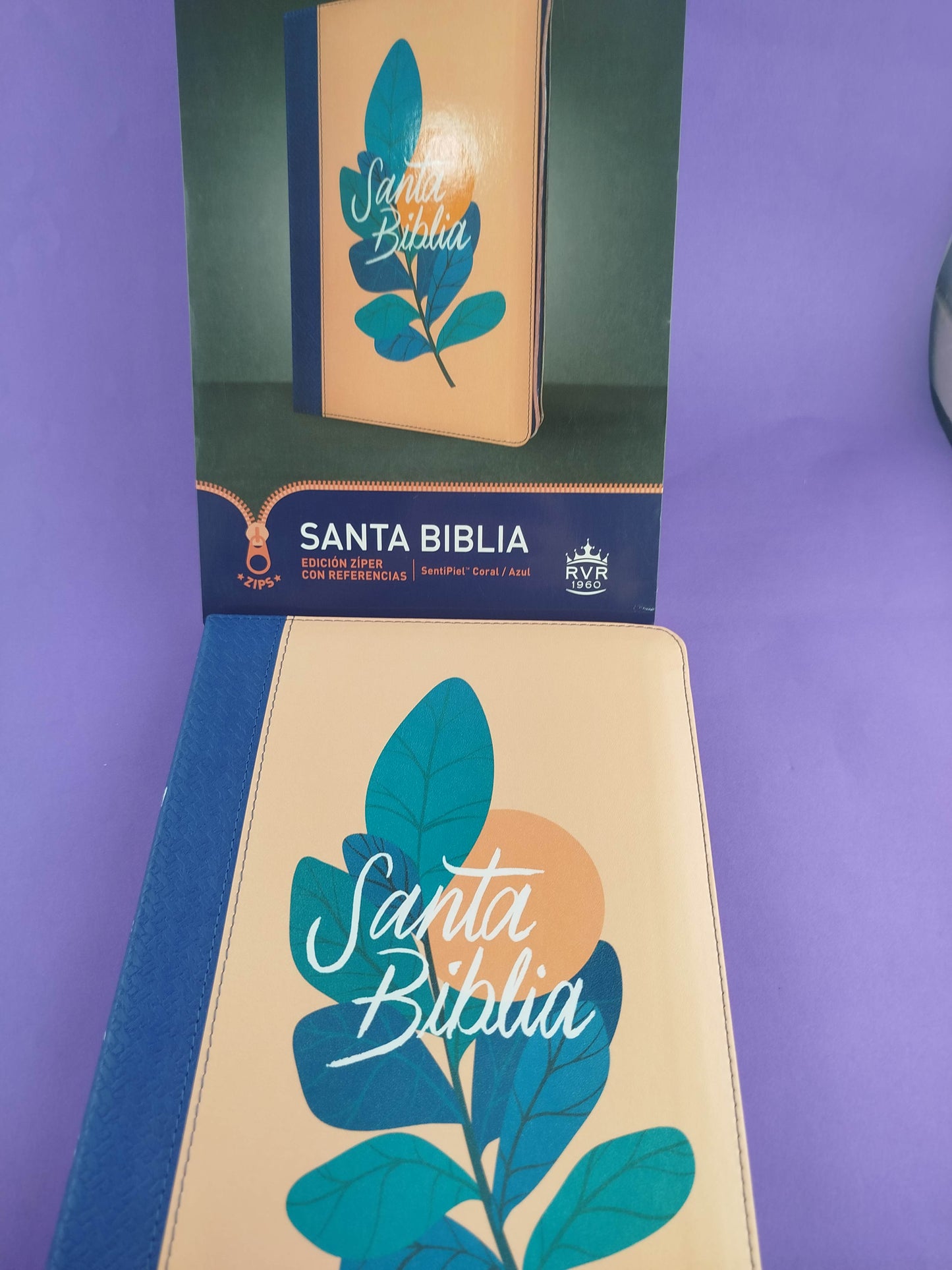 Biblia RVR letra grande sentipiel coral - azul edición zíper con referencia