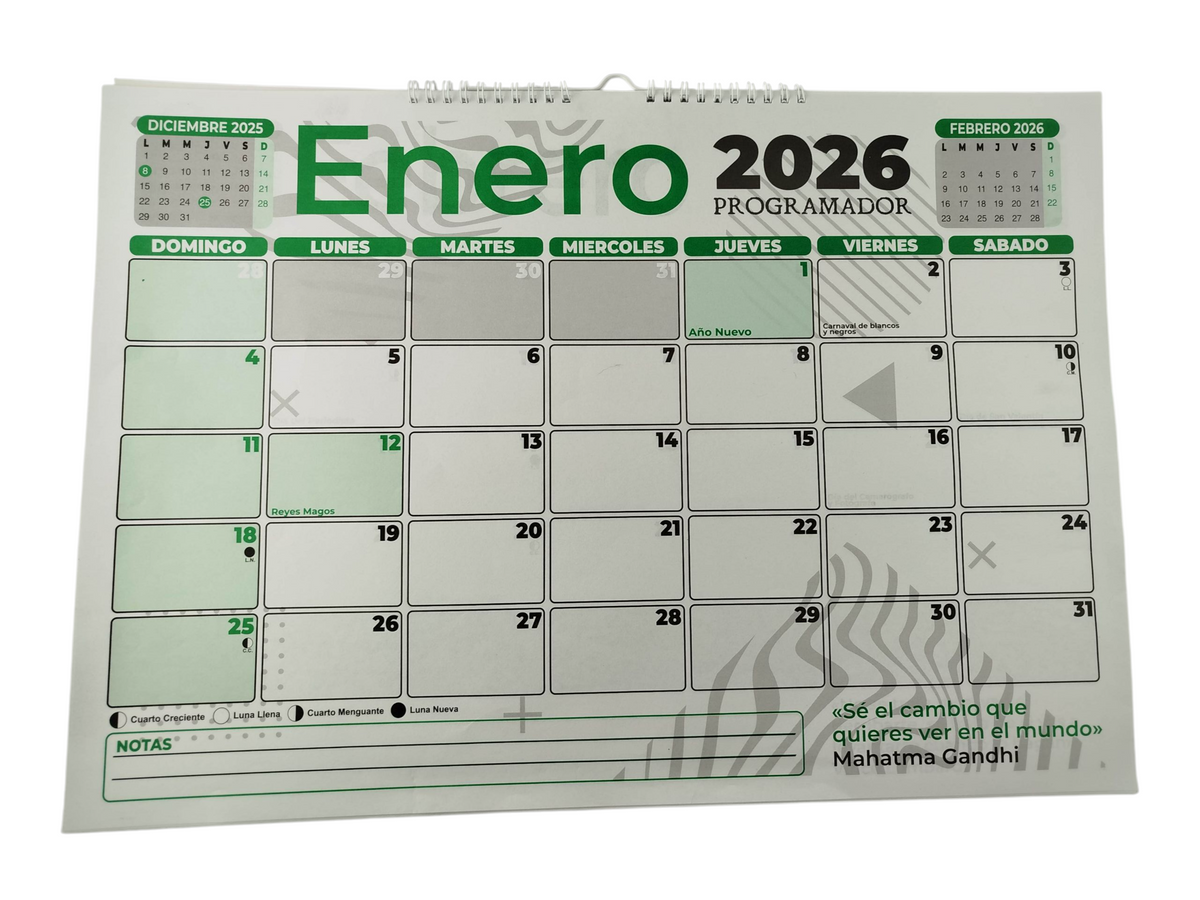 Calendario programador horizontal grande verde 2026 by Varios