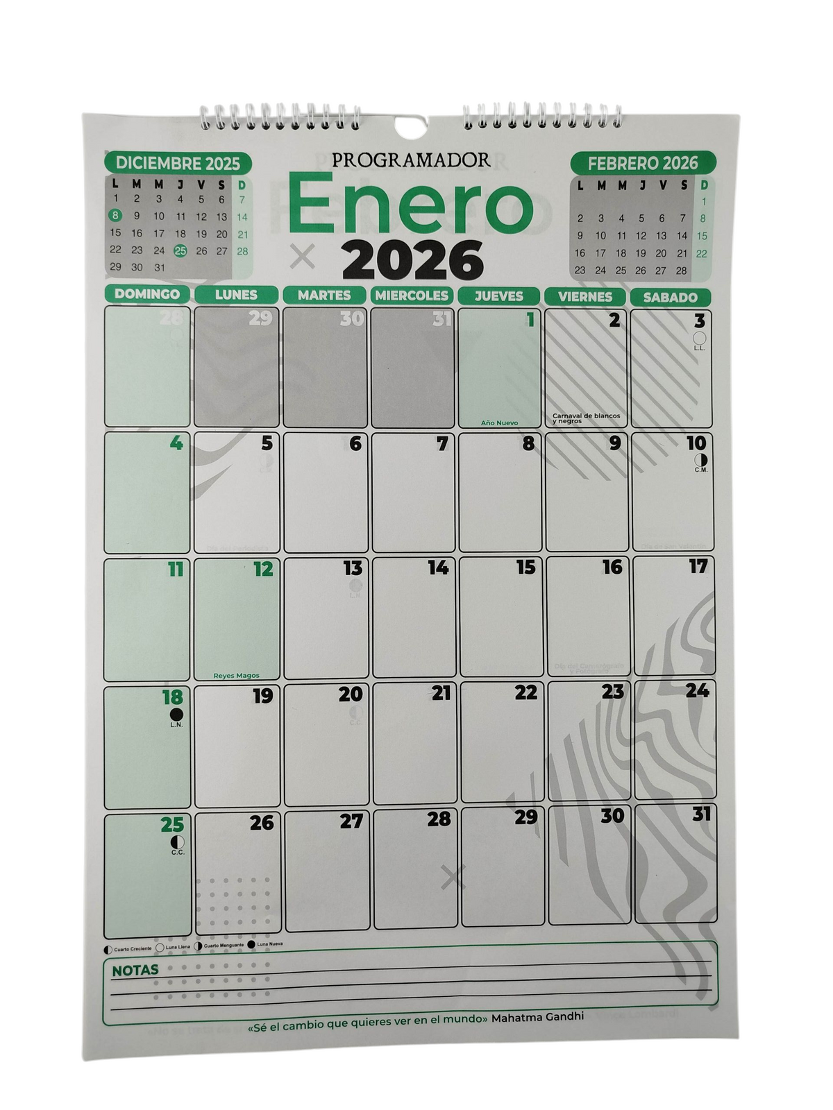 Calendario programador vertical grande verde 2026 by Varios
