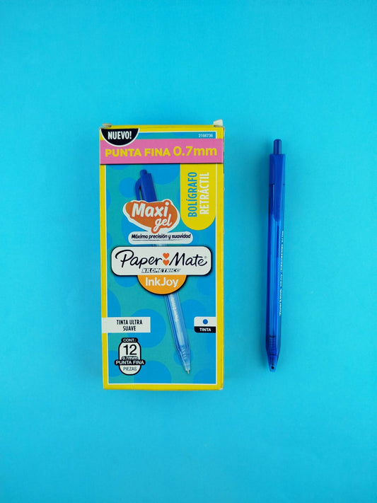 Caja de 12 lapiceros paper mate maxi gel azul retráctil punta fina 0.7mm