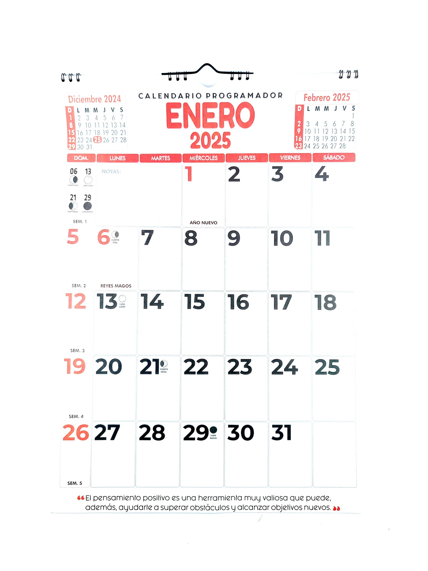 Calendario programador vertical grande rojo 2025