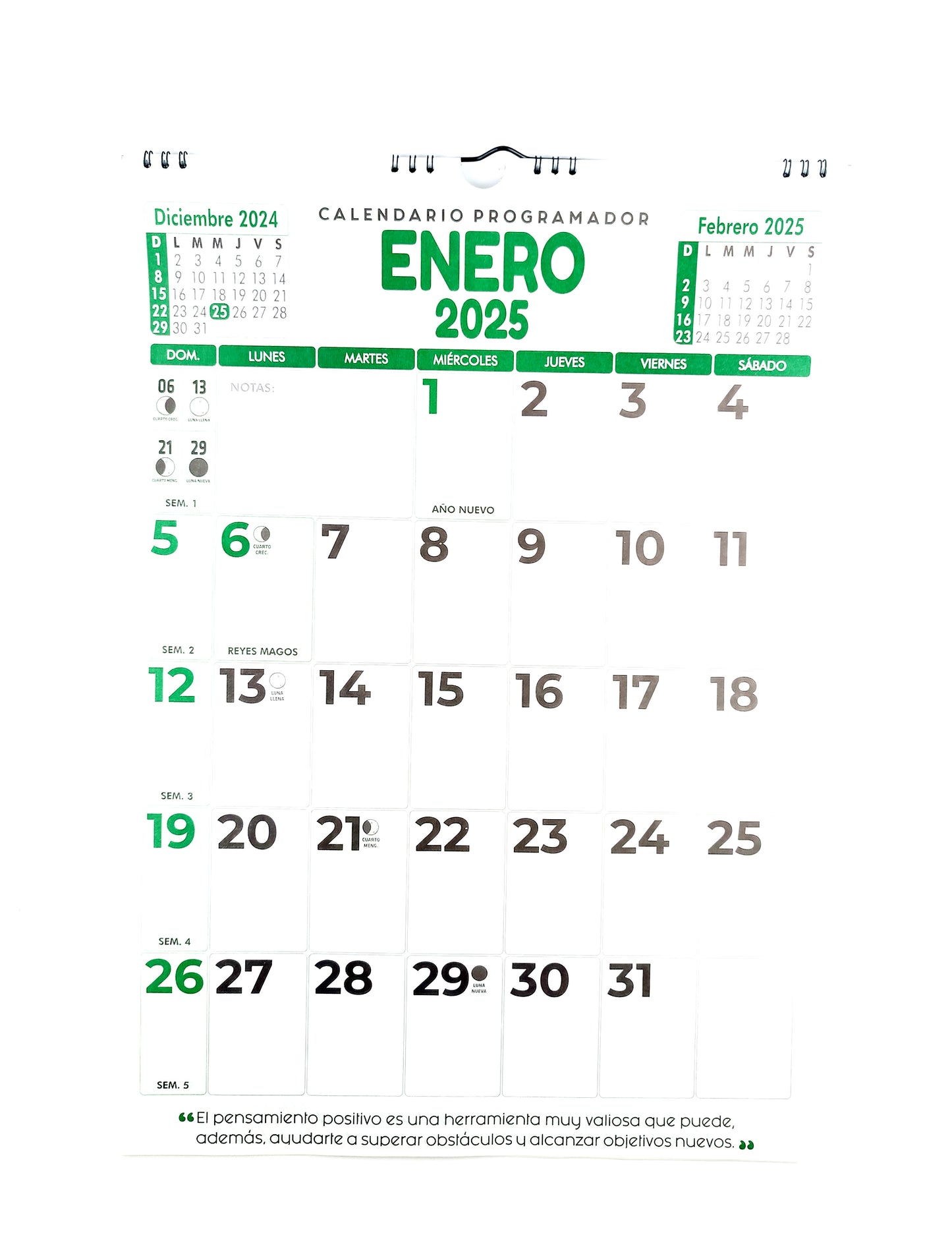 Calendario programador vertical grande verde 2025