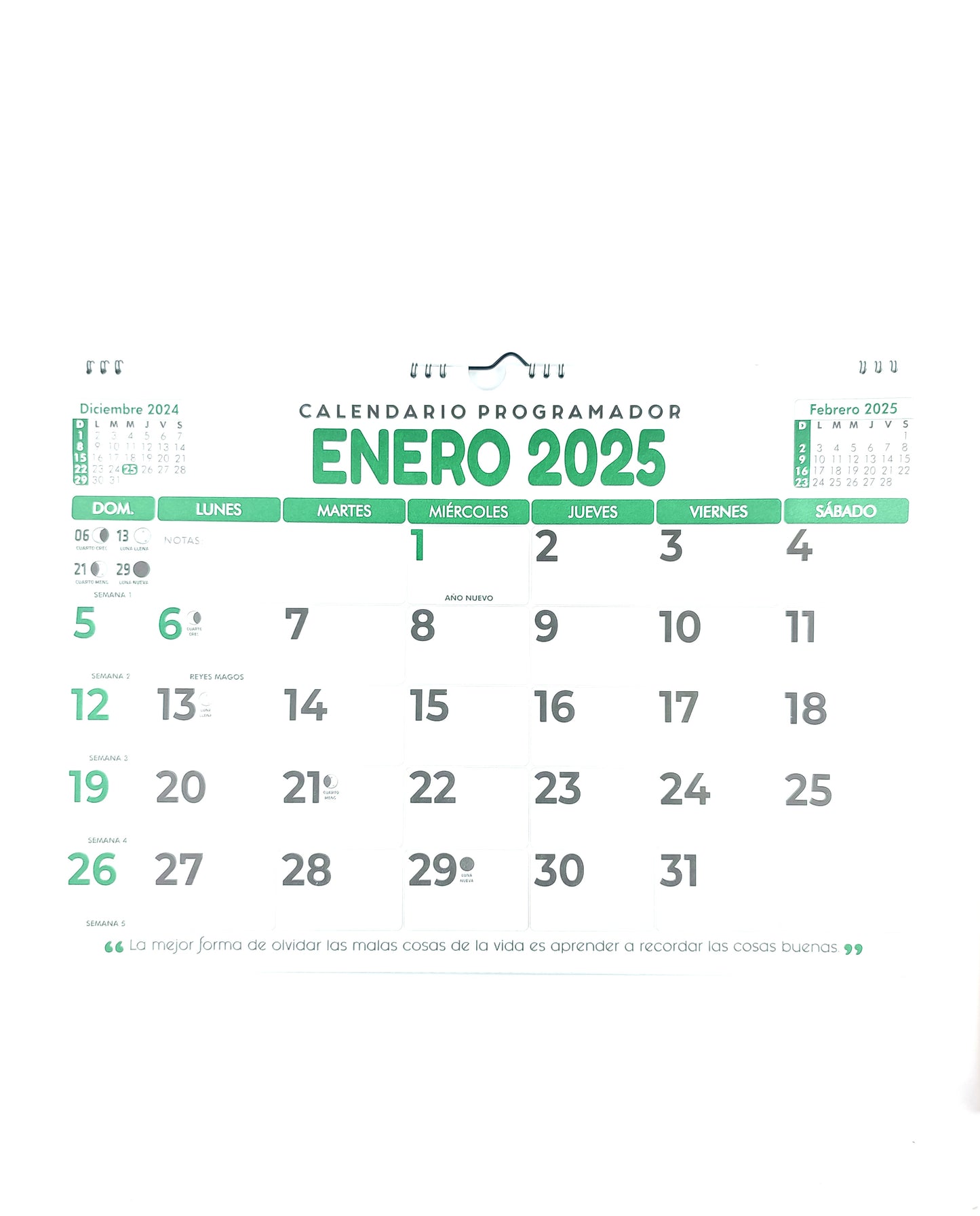 Calendario programador horizontal grande verde 2025