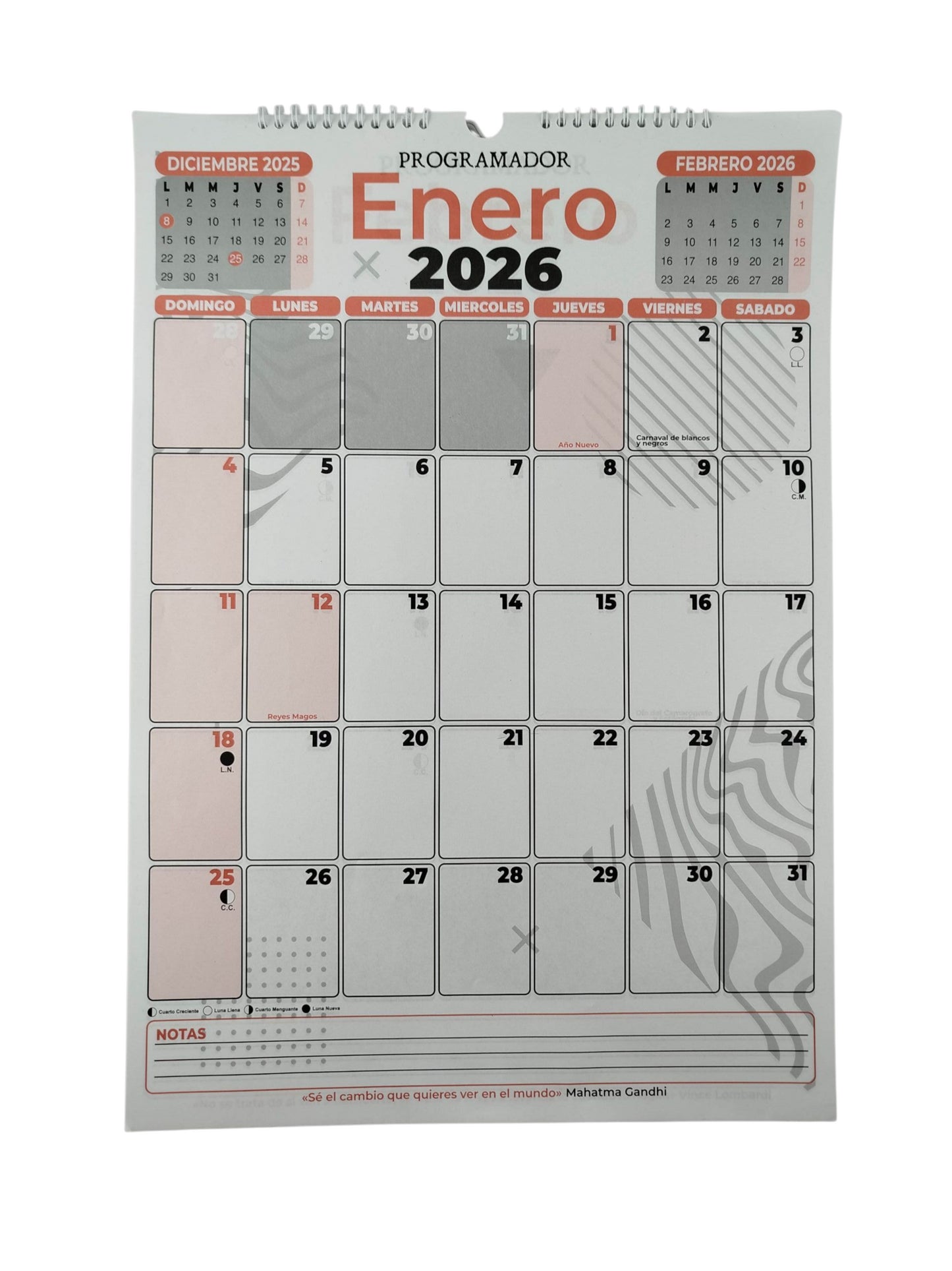 Calendario programador octavo vertical rojo 2026