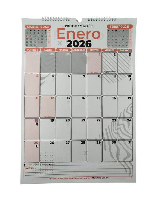 Calendario programador octavo vertical rojo 2026