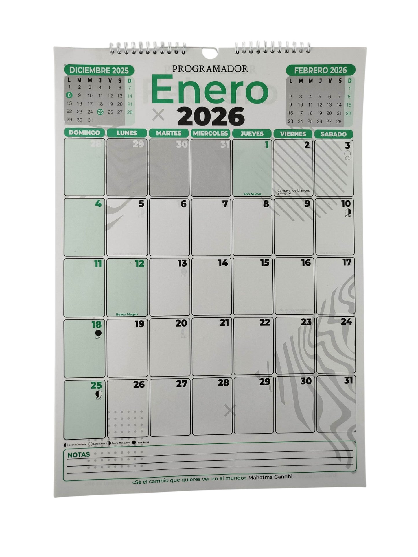 Calendario programador octavo vertical verde 2026