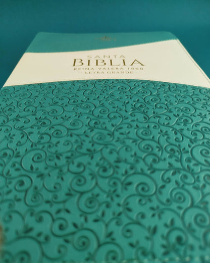 Biblia rvr 1960 bitono turquesa-blanco letra grande con forro borde dorado