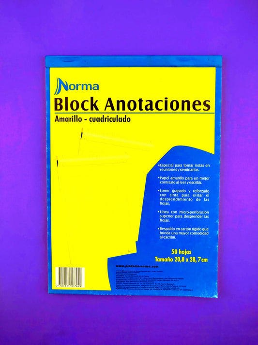 Block anotaciones amarillo norma carta cuadriculado