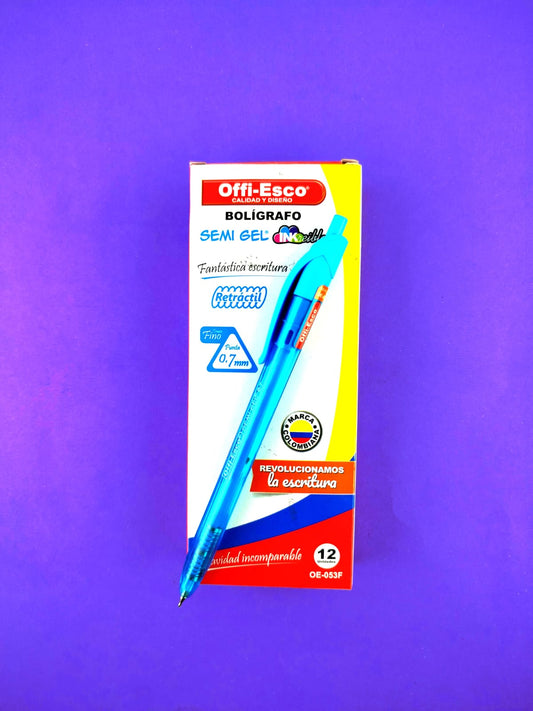 Bolígrafos offi esco semi gel retráctil 0.7 azul celeste caja x12