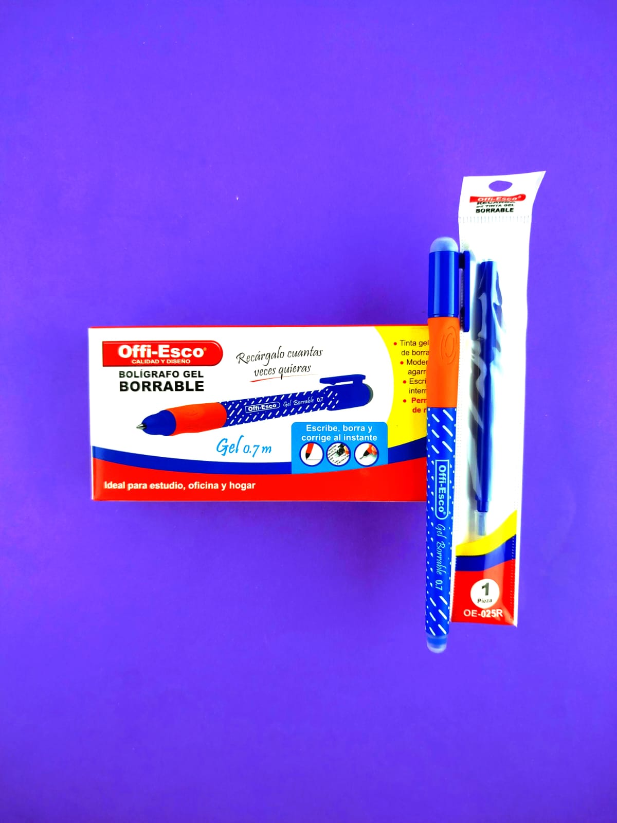 Bolígrafos offi esco gel borrable azul 0.7 caja x12