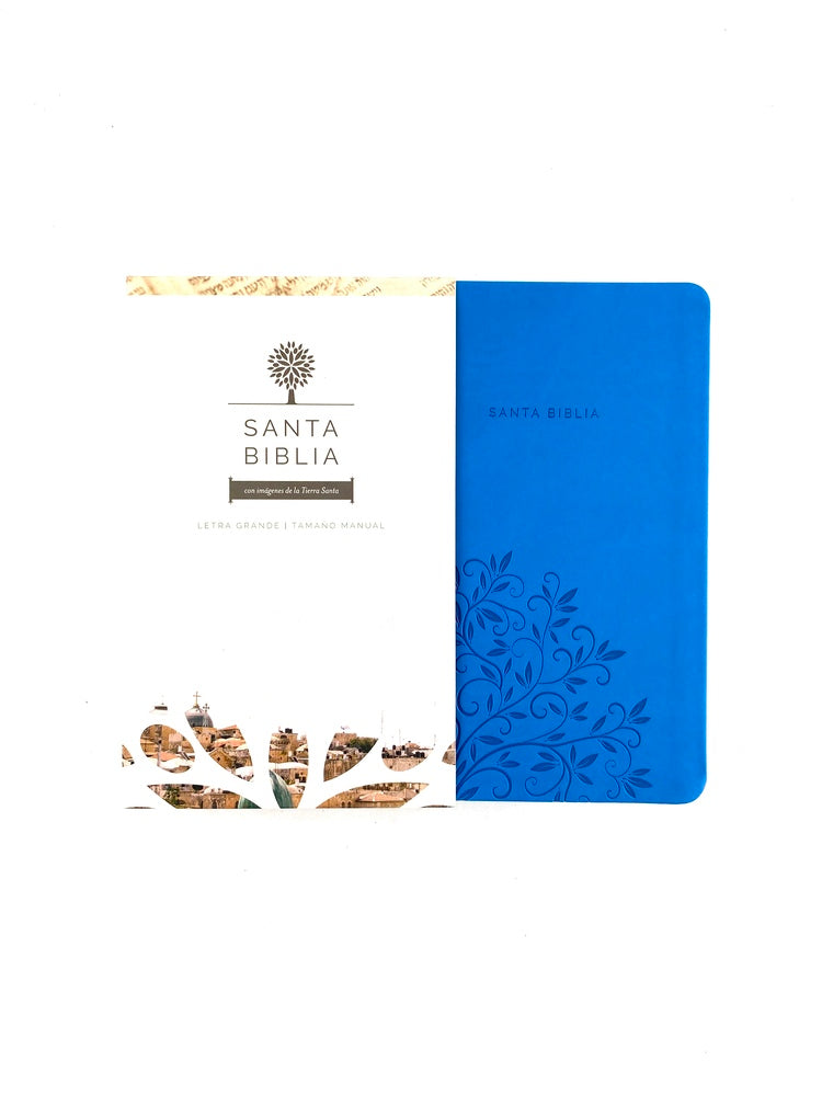 Biblia rvr 1960 letra grande tipo agenda azul sin cierre borde plateado e imágenes de la tierra santa tamaño manual