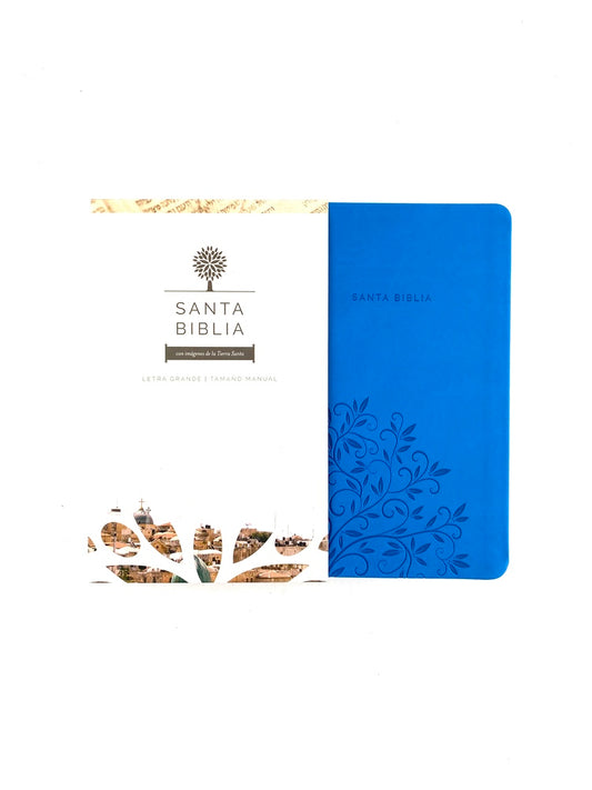 Biblia rvr 1960 letra grande tipo agenda azul sin cierre borde plateado e imágenes de la tierra santa tamaño manual