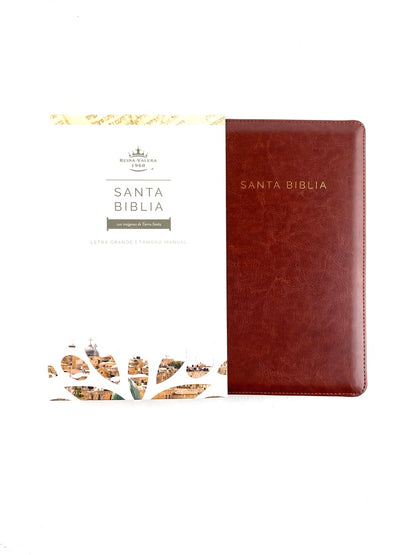 Biblia rvr 1960 letra grande tipo agenda marrón con cierre e imágenes de la tierra santa tamaño manual