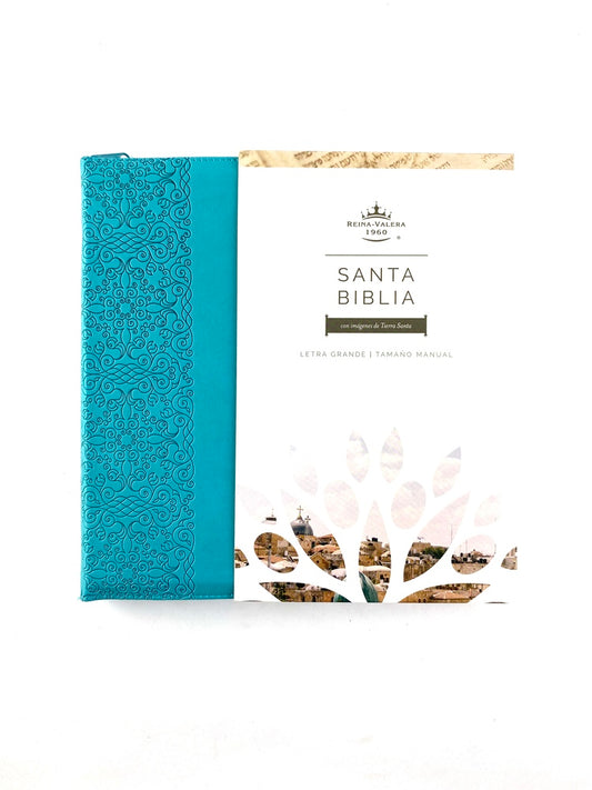 Biblia rvr 1960 letra grande tipo agenda aguamarina con cierre e imágenes de la tierra santa tamaño manual