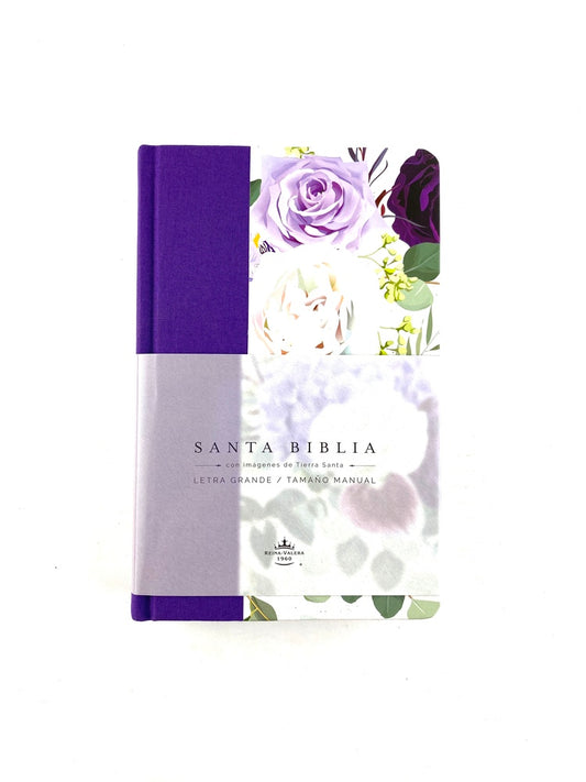 Biblia rvr 1960 letra grande tamaño manual tapa dura tela morada con flores con imágenes de la tierra santa