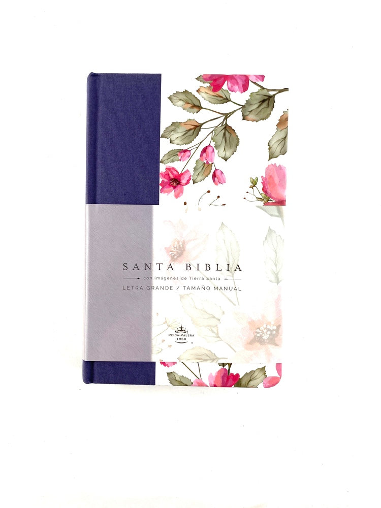 Biblia rvr 1960 letra grande tamaño manual tapa dura tela azul con flores con imágenes de la tierra santa by Reina Valera 1960