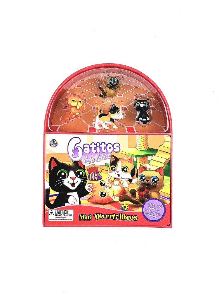 Gatitos adorables mini diverti-libros incluye 4 figuras y un escenario de juego