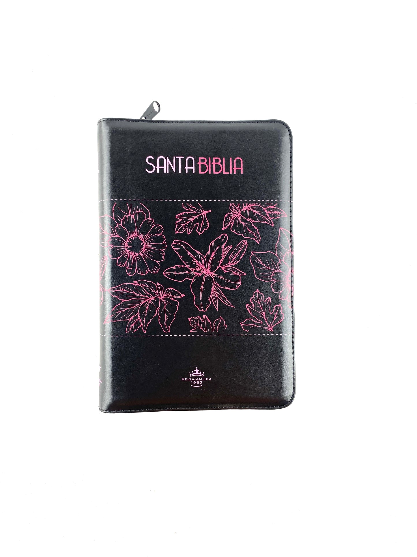 Biblia rvr letra grande negra flores fucsia promoción