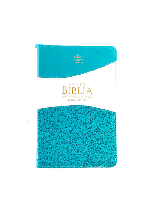 Biblia rvr 1960 bitono turquesa-blanco letra grande con forro borde dorado