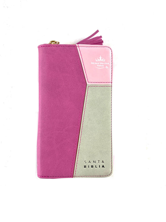 Biblia tipo chequera rvr 1960 con cierre e índice fucsia-rosa-gris