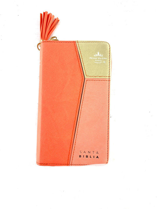 Biblia tipo chequera rvr 1960 con cierre e índice coral-beige