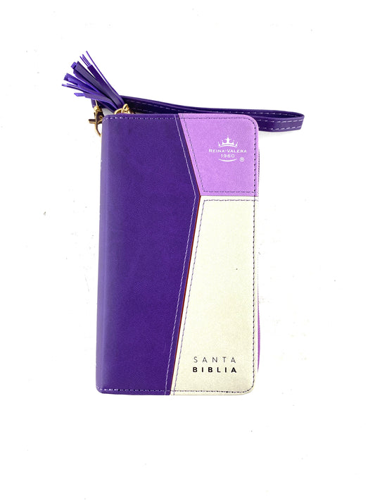 Biblia tipo chequera rvr 1960 con cierre e índice morado-lila-gris