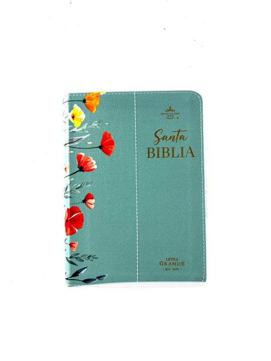 Biblia rvr 1960 letra grande azul aguamarina- flores - canto decorado sin cierre