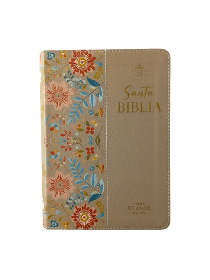 Biblia rvr 1960 letra grande beige flores - canto decorado sin cierre