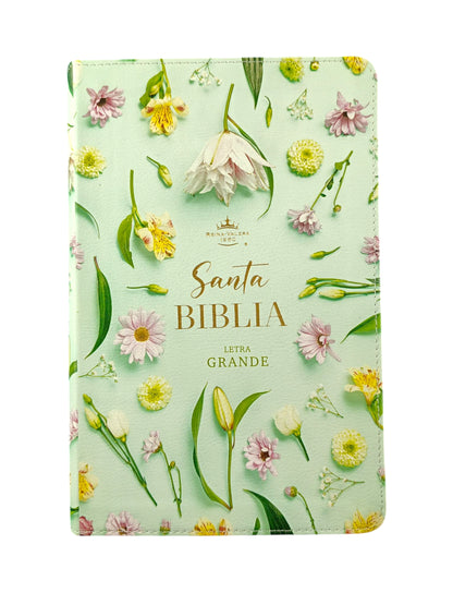 Biblia rvr letra grande verde menta flores borde blanco sin forro con índice