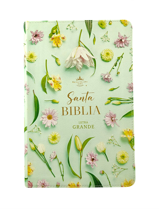 Biblia rvr letra grande verde menta flores borde blanco sin forro con índice