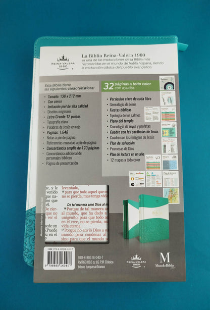 Biblia rvr 1960 bitono turquesa-blanco letra grande con forro borde dorado