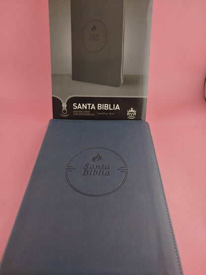 Biblia RVR letra grande sentipiel gris edición zíper con referencia