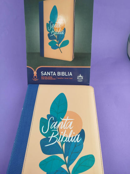 Biblia RVR letra grande sentipiel coral - azul edición zíper con referencia