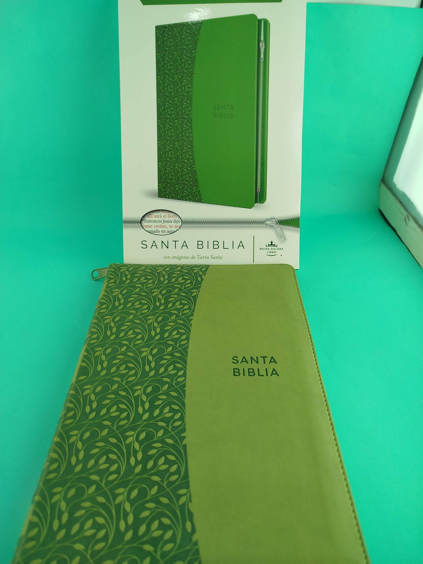 Biblia rvr 1960 letra grande tipo agenda verde con cierre e imágenes de la tierra santa