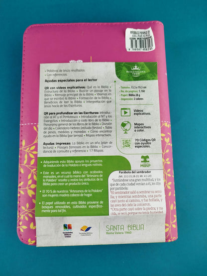 Biblia letra grande promoción fucsia flores