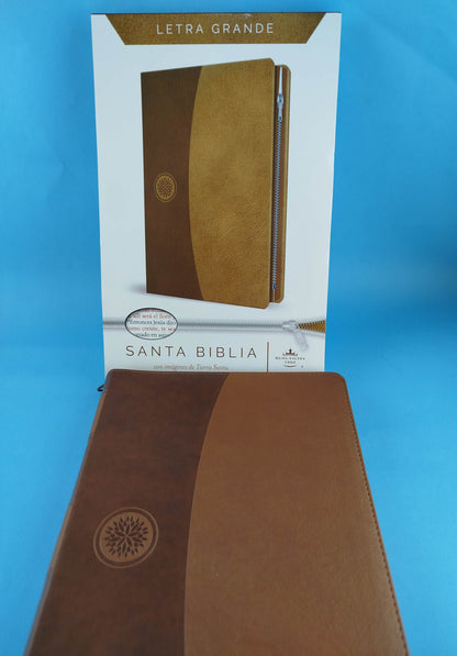 Biblia rvr 1960 letra grande tipo agenda marrón miel con cierre e imágenes de la tierra santa