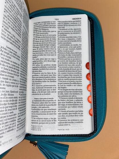 Biblia tipo chequera rvr 1960 con cierre e índice turquesa - blanco