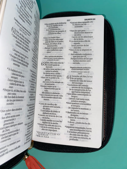 Biblia tipo chequera rvr 1960 con cierre sin índice coral-gris