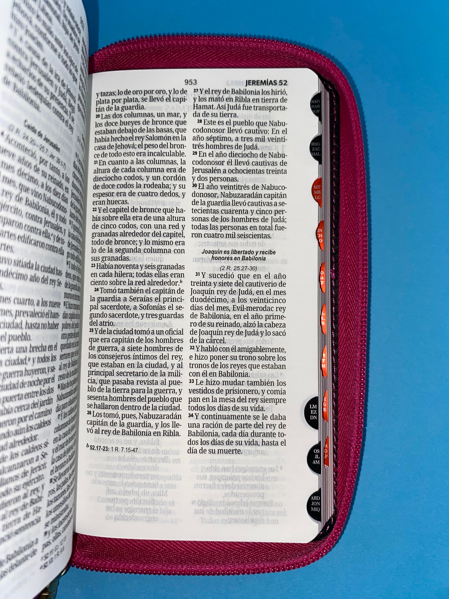 Biblia tipo chequera rvr 1960 con cierre e índice fucsia-rosa-gris