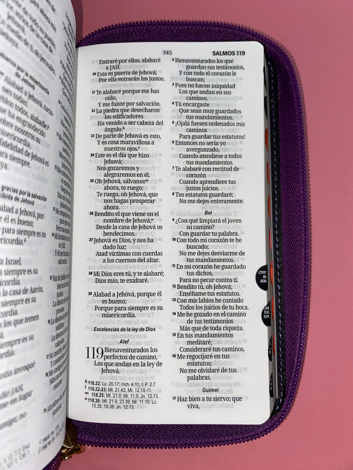 Biblia tipo chequera rvr 1960 con cierre e índice morado-lila-gris