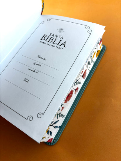 Biblia rvr 1960 letra grande azul aguamarina- flores - canto decorado sin cierre
