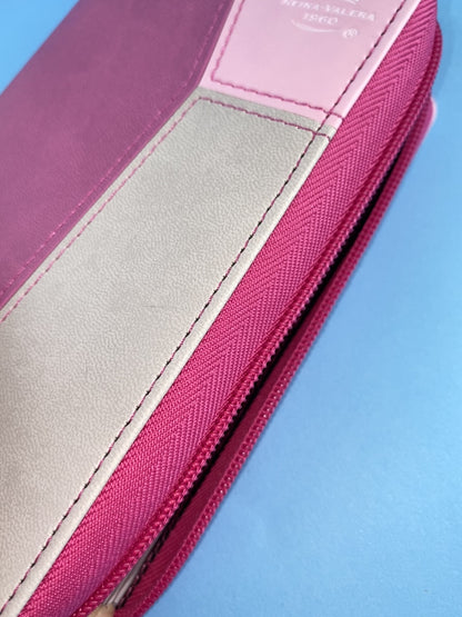 Biblia tipo chequera rvr 1960 con cierre e índice fucsia-rosa-gris