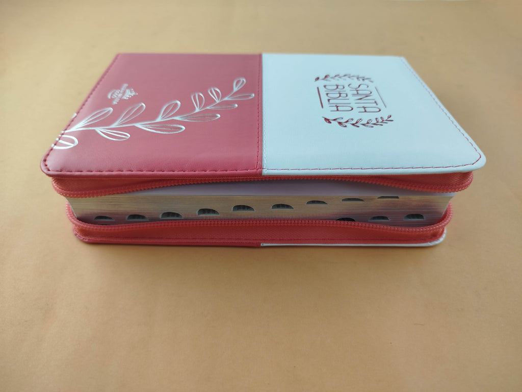 Biblia rvr letra grande salmón blanco borde plateado by Reina Valera 1960