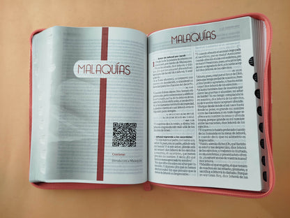 Biblia rvr letra grande salmón blanco borde plateado
