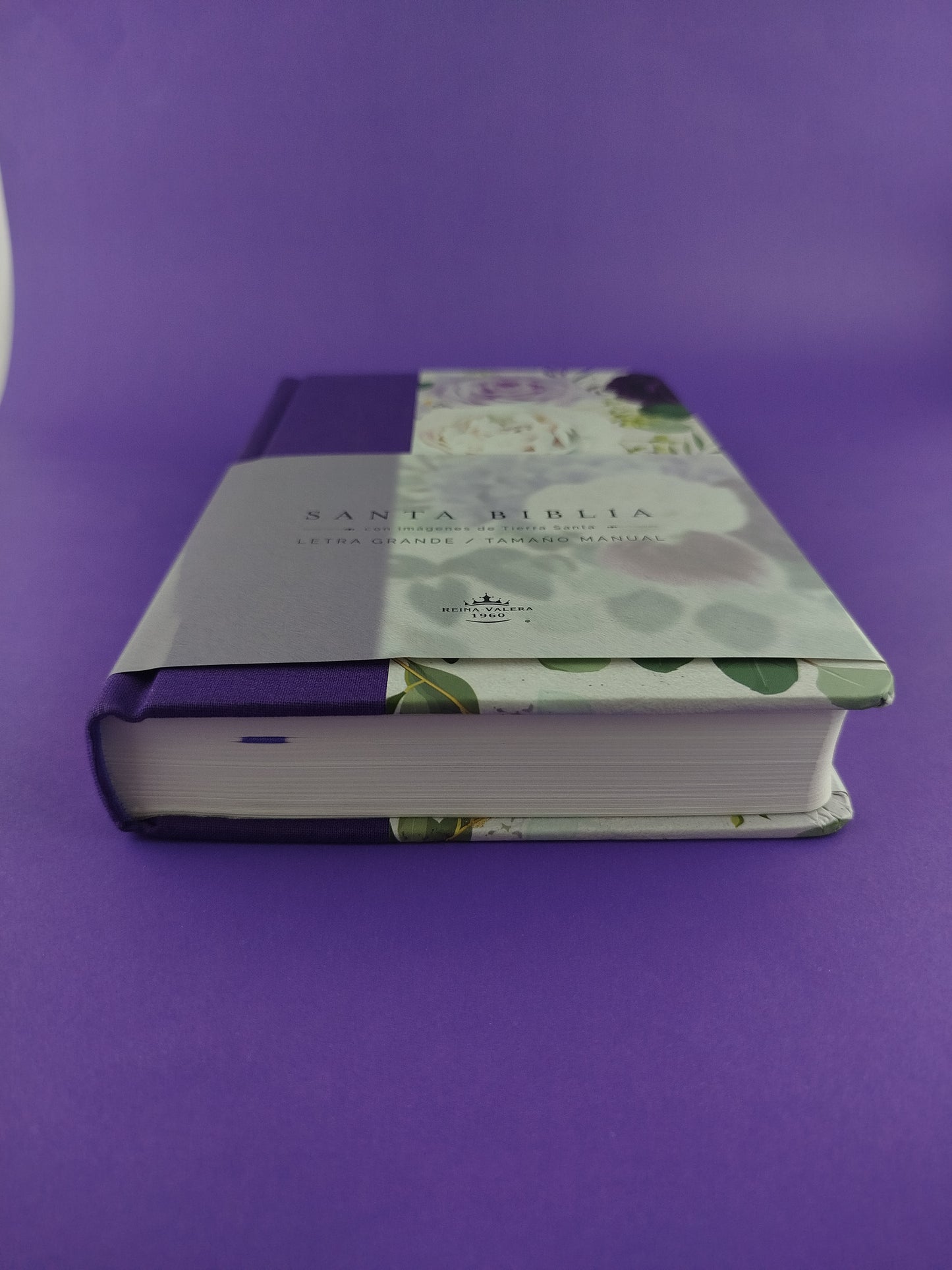 Biblia rvr 1960 letra grande tamaño manual tapa dura tela morada con flores con imágenes de la tierra santa