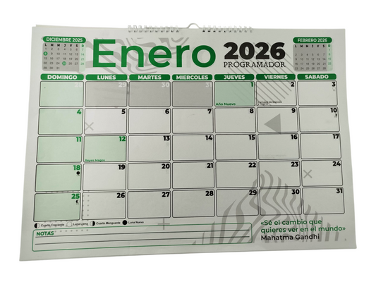 Calendario programador horizontal grande verde 2026