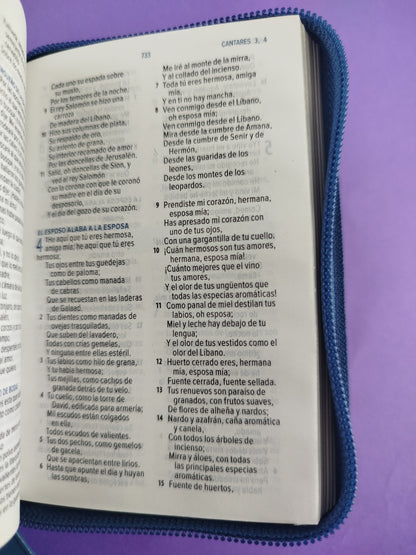 Biblia mini azul canto plateado con cierre