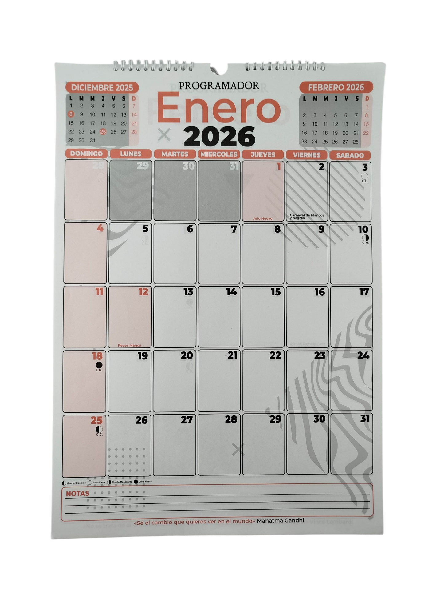 Calendario programador vertical grande rojo 2026