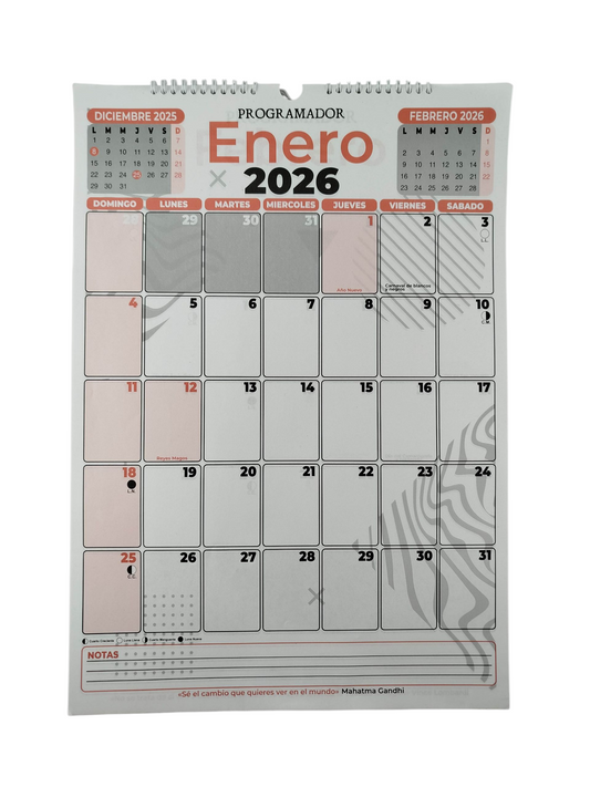Calendario programador vertical grande rojo 2026