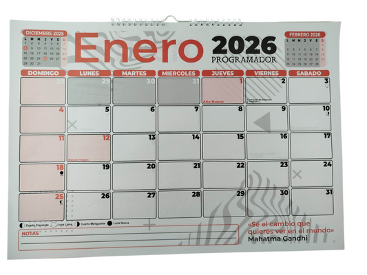 Calendario programador horizontal grande rojo 2026